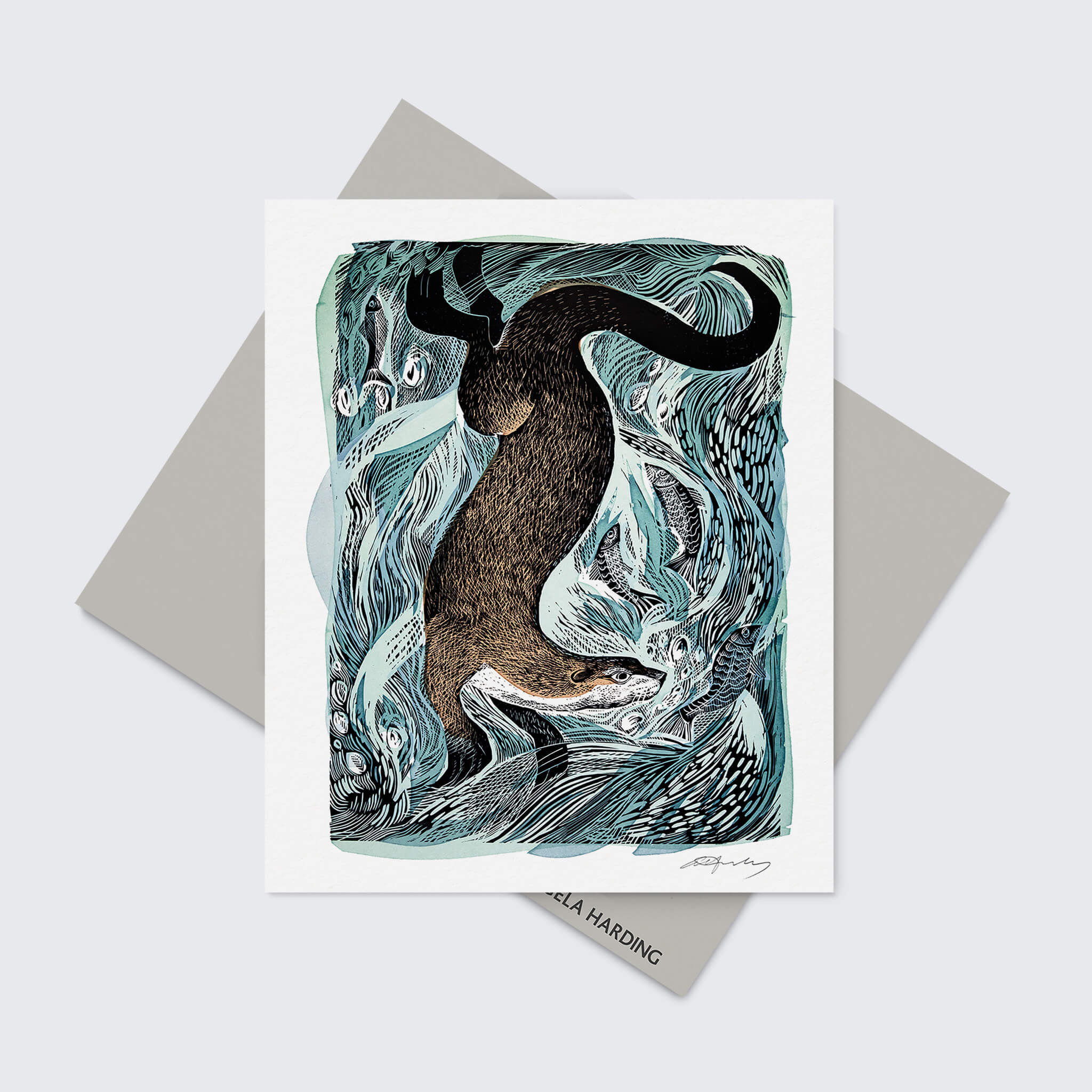 Fishing Otter Greeting Card | Angela Harding