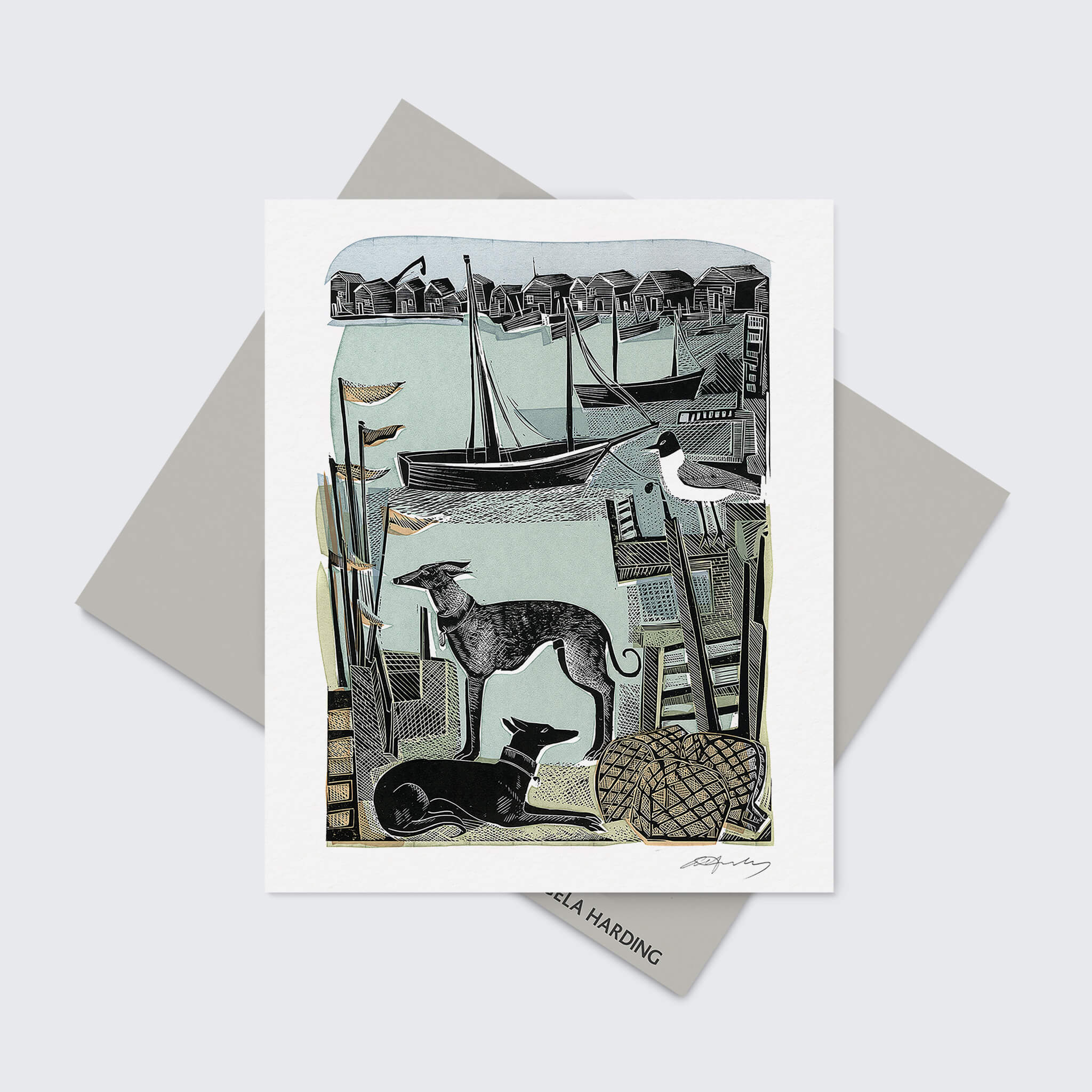 Harbour Whippets Greeting Card | Angela Harding