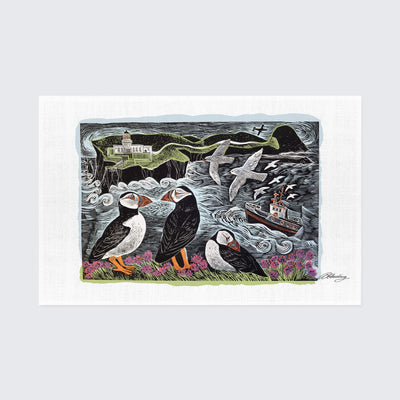 Fair Isle Puffins & Lighthouse Tea Towel