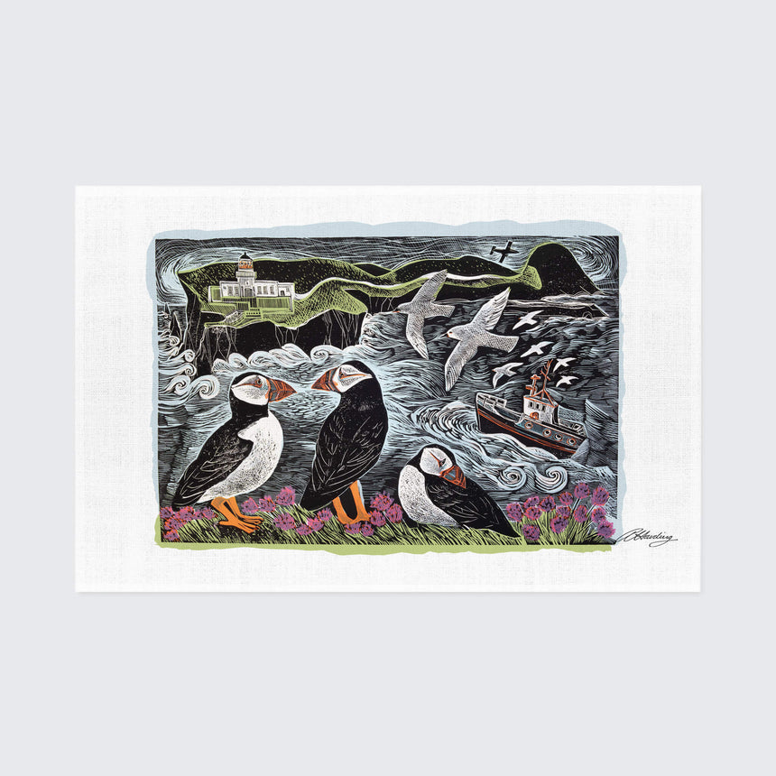 Fair Isle Puffins & Lighthouse Tea Towel