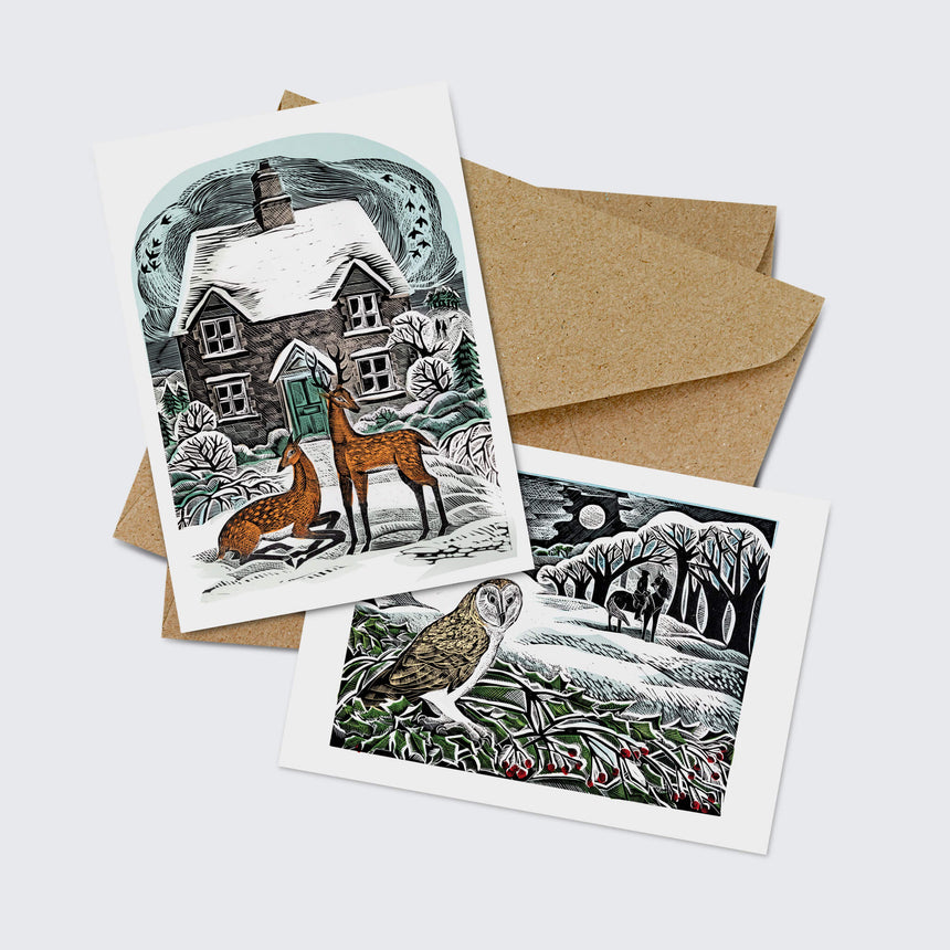 Winter Cottage & Winter Owl notecards by Angela Harding