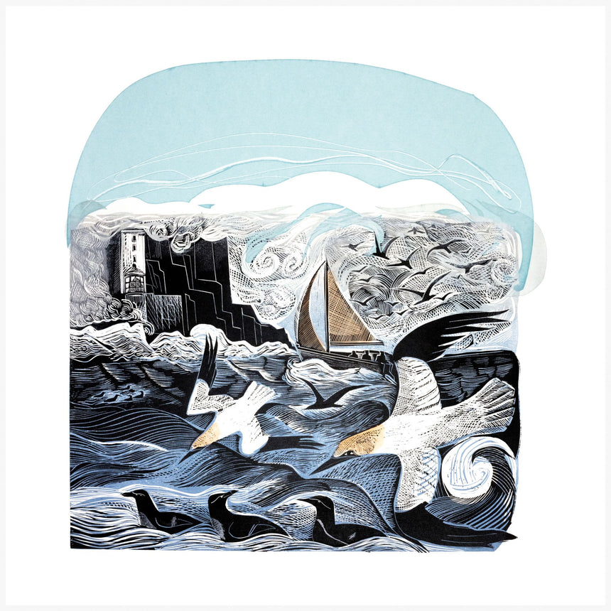 Gannets at Rathlin Island, Linocut Print by Angela Harding