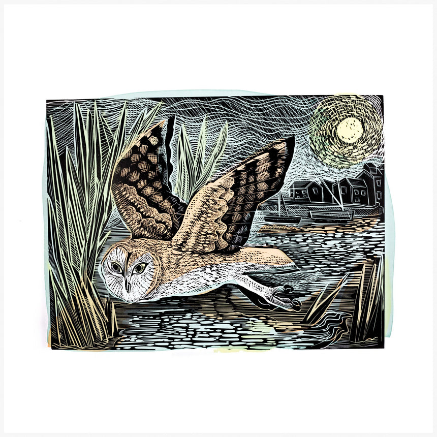 Marsh Owl linoprint by Angela Harding