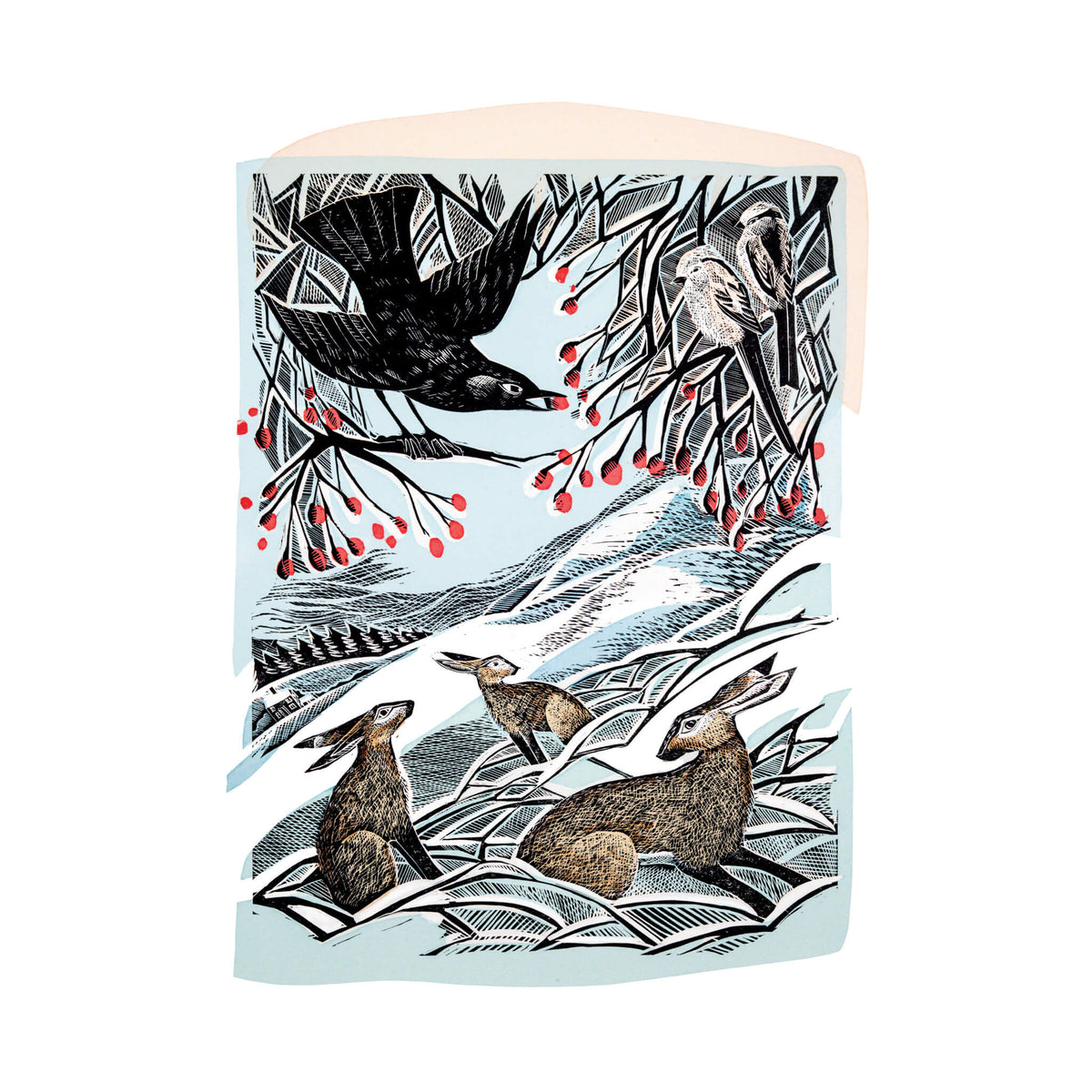 Angela Harding | Linocut Print | Winter Hares in Conversation