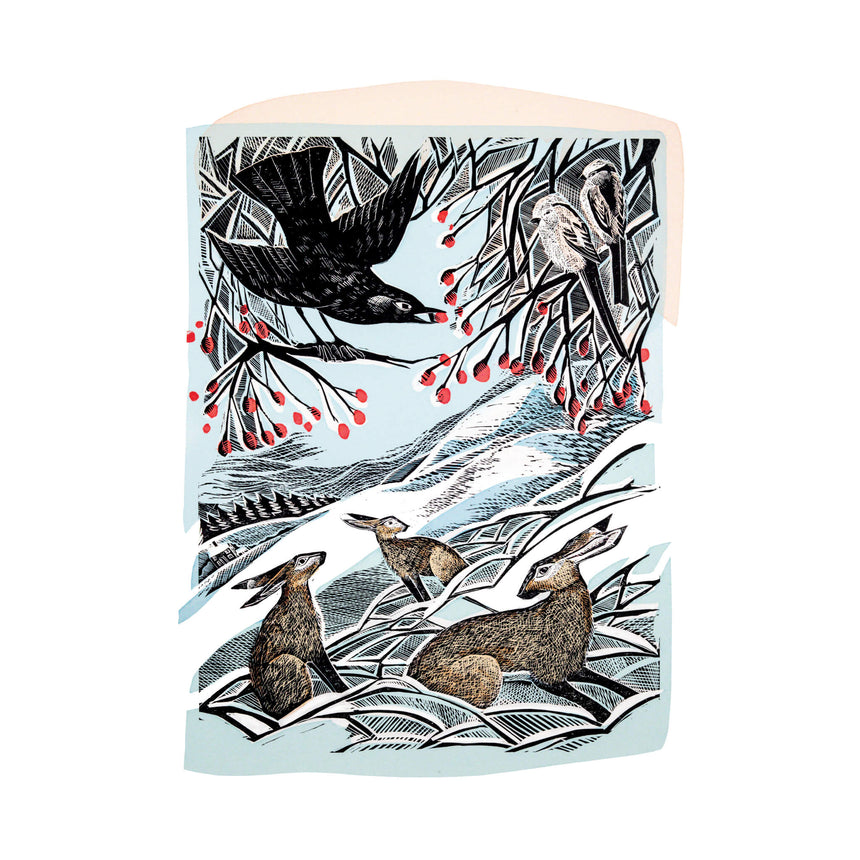 Winter Hares in Conversation, linocut print by Angela Harding